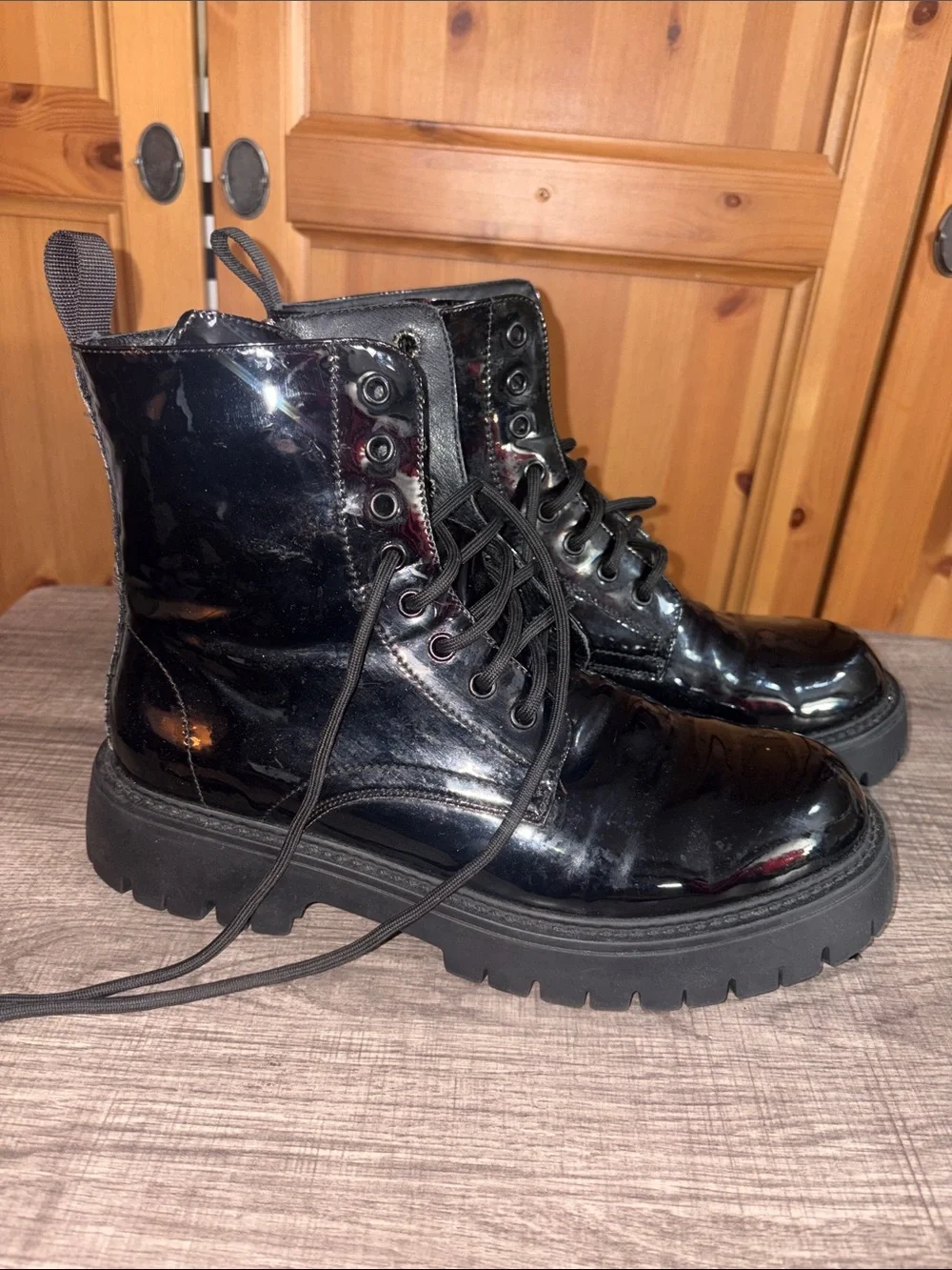 Women's Black Patent Combat Boots - Sleek Platform Lace-Up
